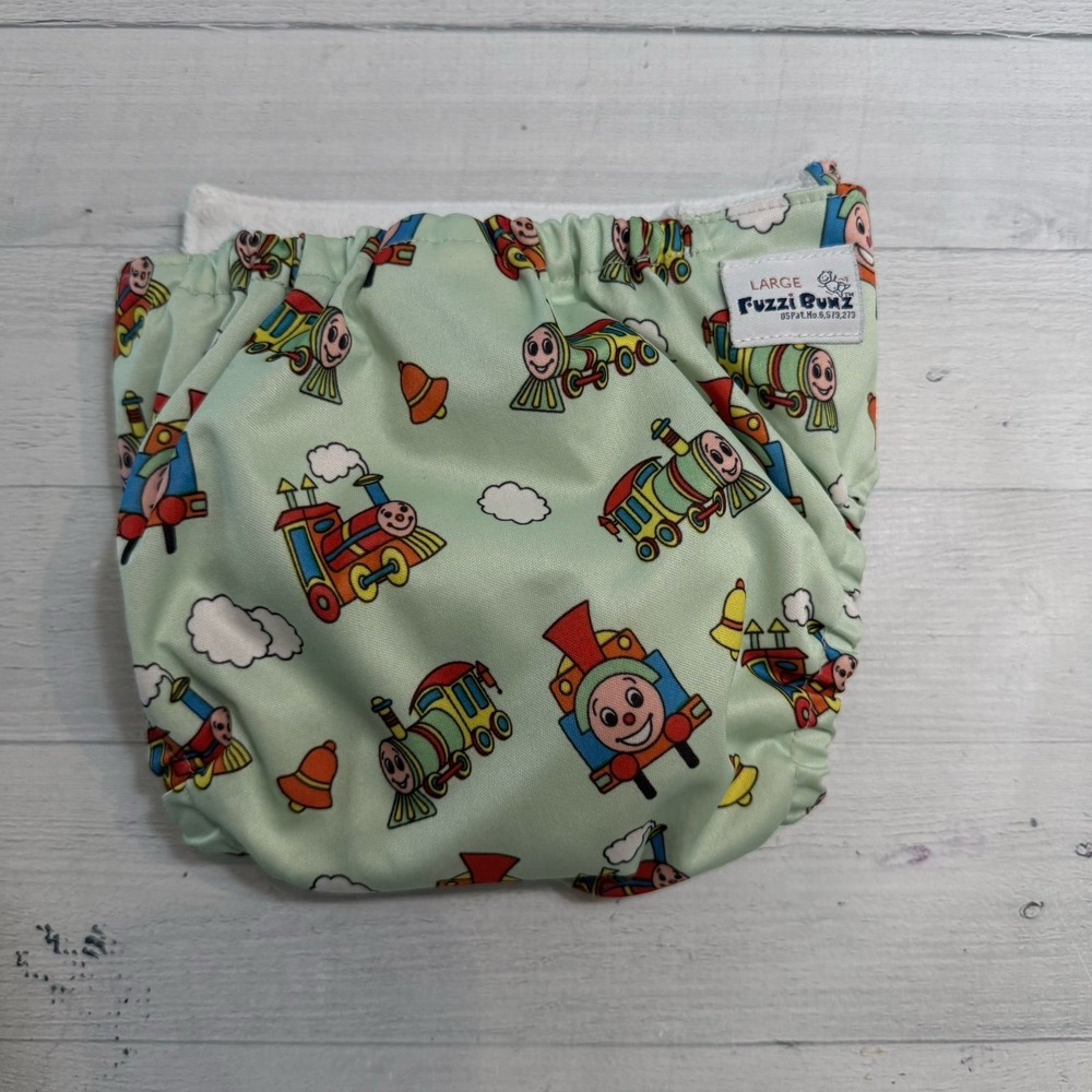 Fuzzibunz toy train print cloth‎ diaper cover and liner size large
